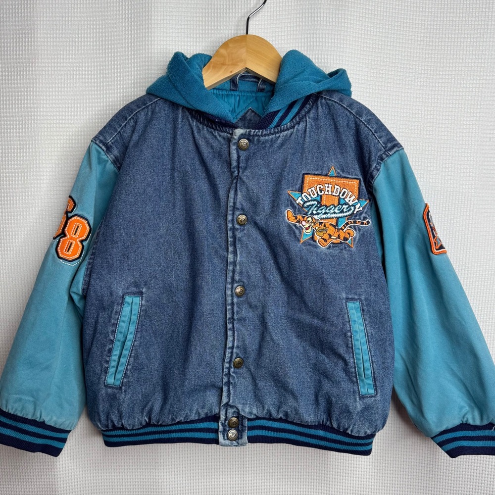 RARE! Vintage Disney Kids Tigger Denim Boys Varsity Jacket Hooded Football 4/5
